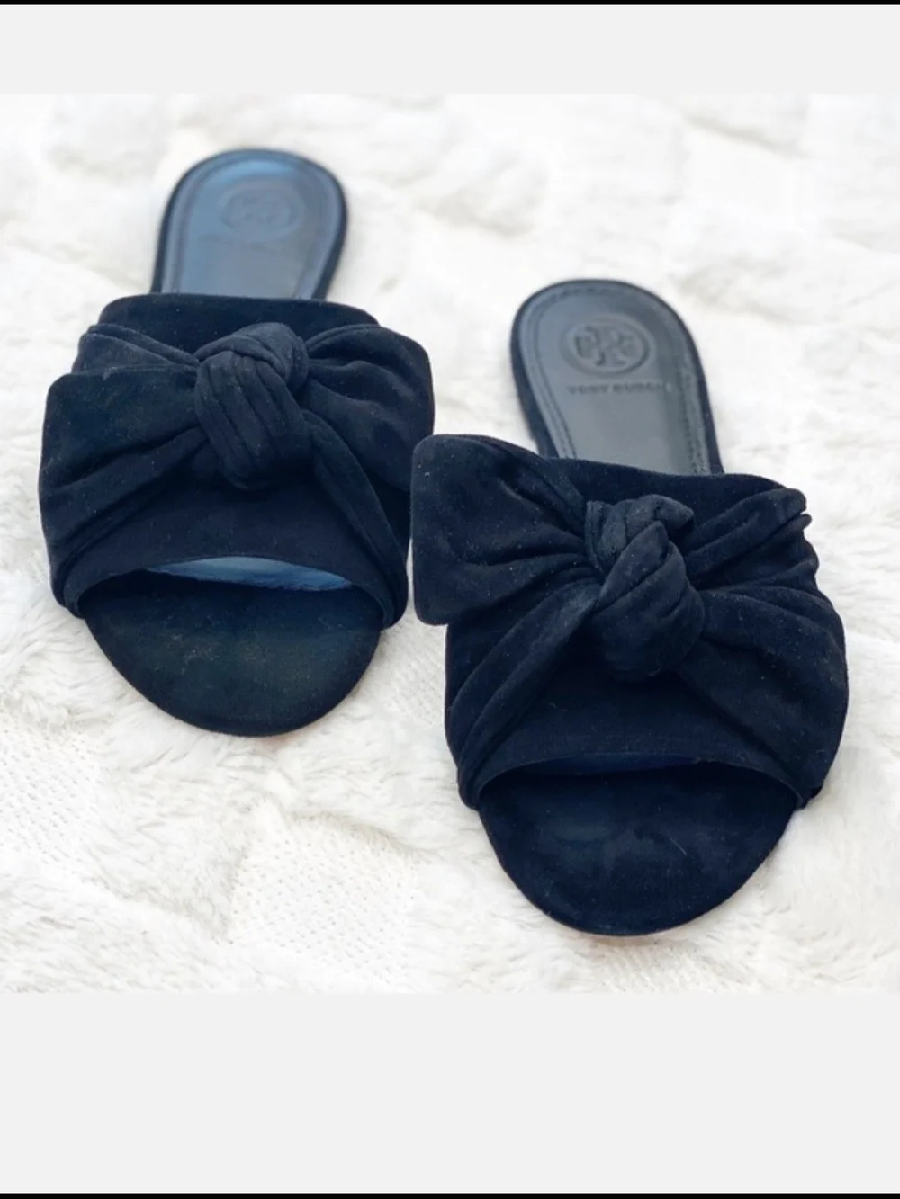 Tory Burch Annabelle Black Suede Bow Slide Sandals. Size 7